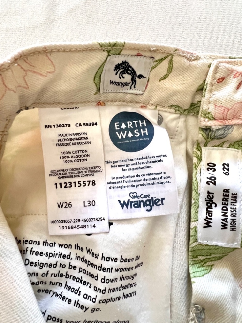 Wrangler Floral Wide Leg Jeans in Cream, Green, Pink - Picture 7 of 12